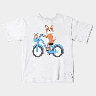 Kawaii corgi dogs riding a blue bicycle Kids T-Shirt